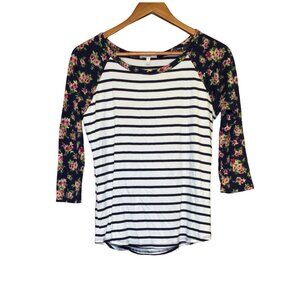 Striped Raglan Floral Sleeve Baseball Tee T Shirt Top Womens Size XS By G. Girl